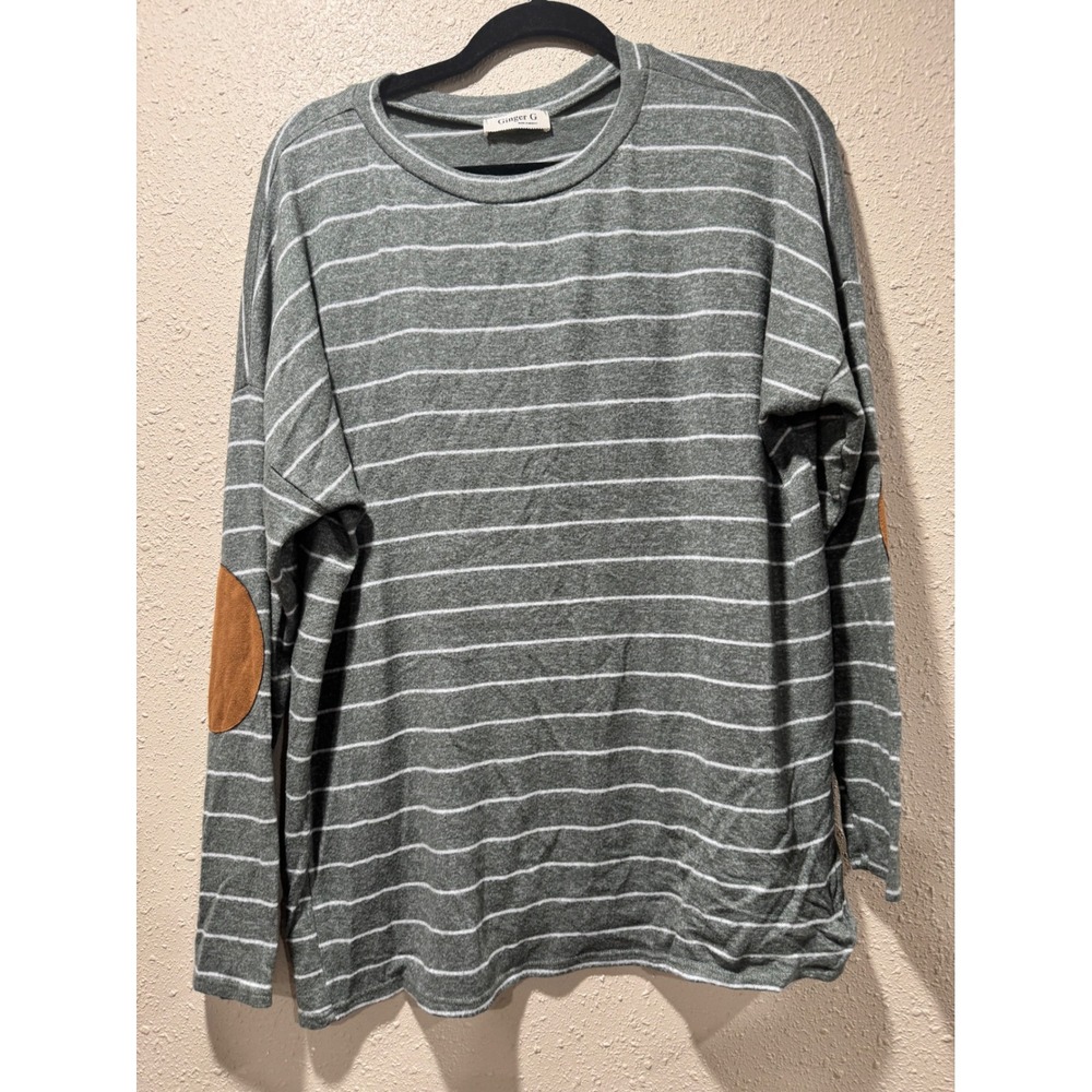 Ginger G Womens Striped Long Sleeve Top Grey White Elbow Patches Size M
